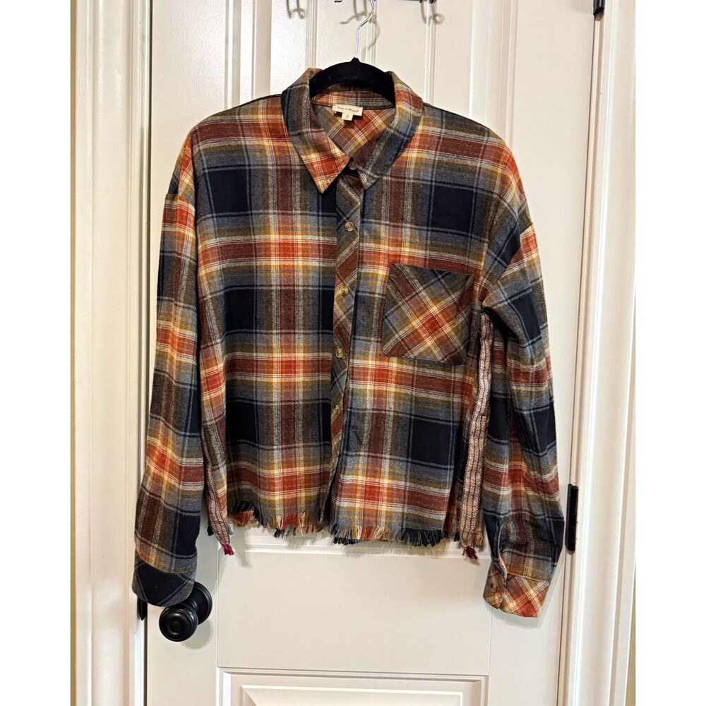 Hem & Thread Crop Plaid Flannel Shirt Medium Frayed Hem Side Stripe Boho Grunge